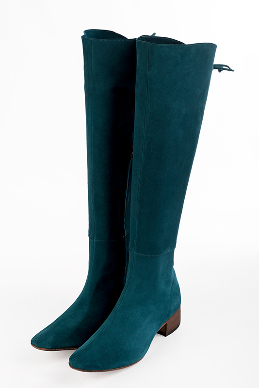 Peacock blue women's knee-high boots, with laces at the back. Square toe. Low leather soles. Made to measure. Front view - Florence KOOIJMAN